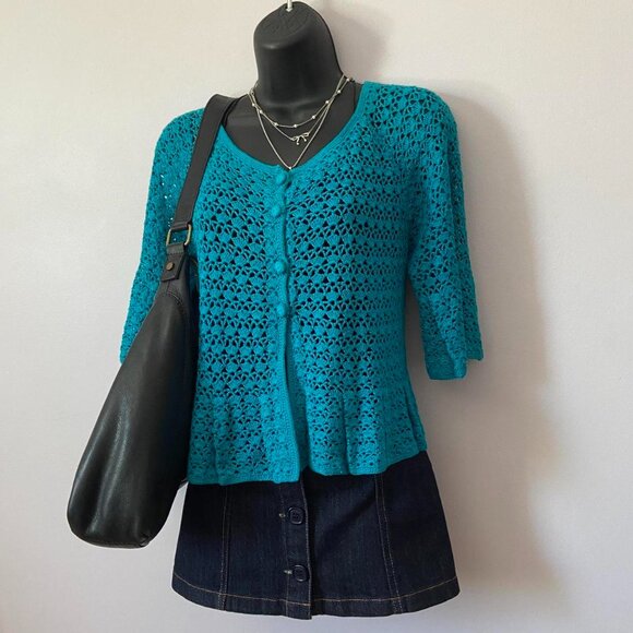 y2k 2000s whimsical teal blue open knit crochet fairy cardigan - Picture 2 of 8